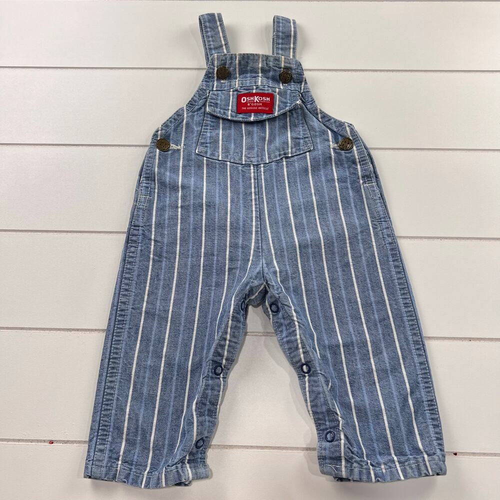 Oshkosh B’Gosh Vintage baby boys blue denim pin striped overalls size 12 Months